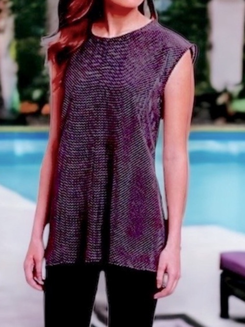 Eileen Fisher Cassis Printed Silk A-Line Top Tunic - Deep Brown Plum Textured XS